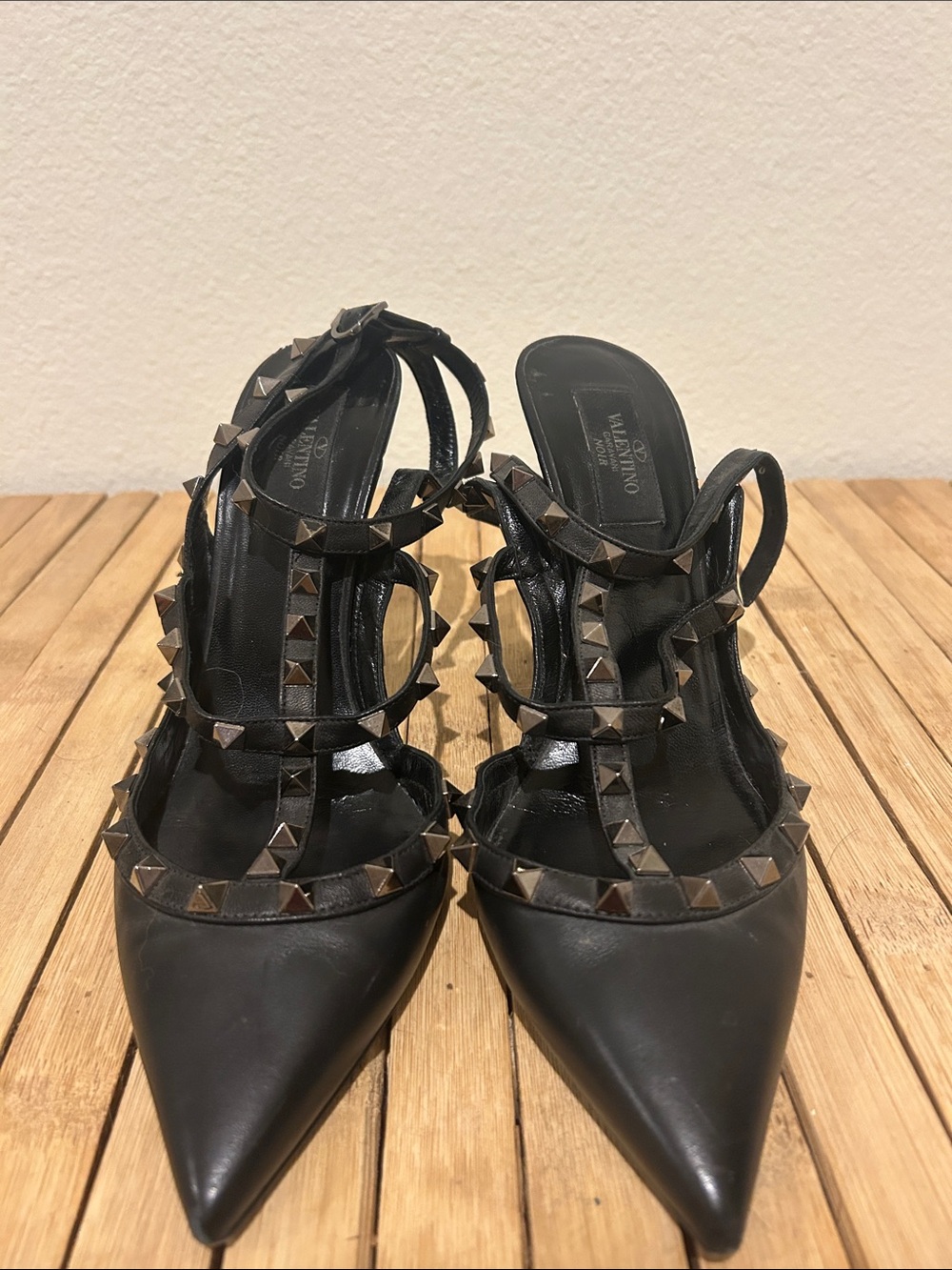 Valentino Black Leather Studded Pointed-Toe Strappy Heels